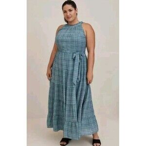 Torrid Women's Blue Green Plaid Dress Size 1 Haley Neck Tiered Maxi Keyhole Back